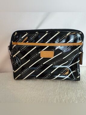 Coach Black Signature Diagonal Logo Toiletry Pouch with Tan Trim